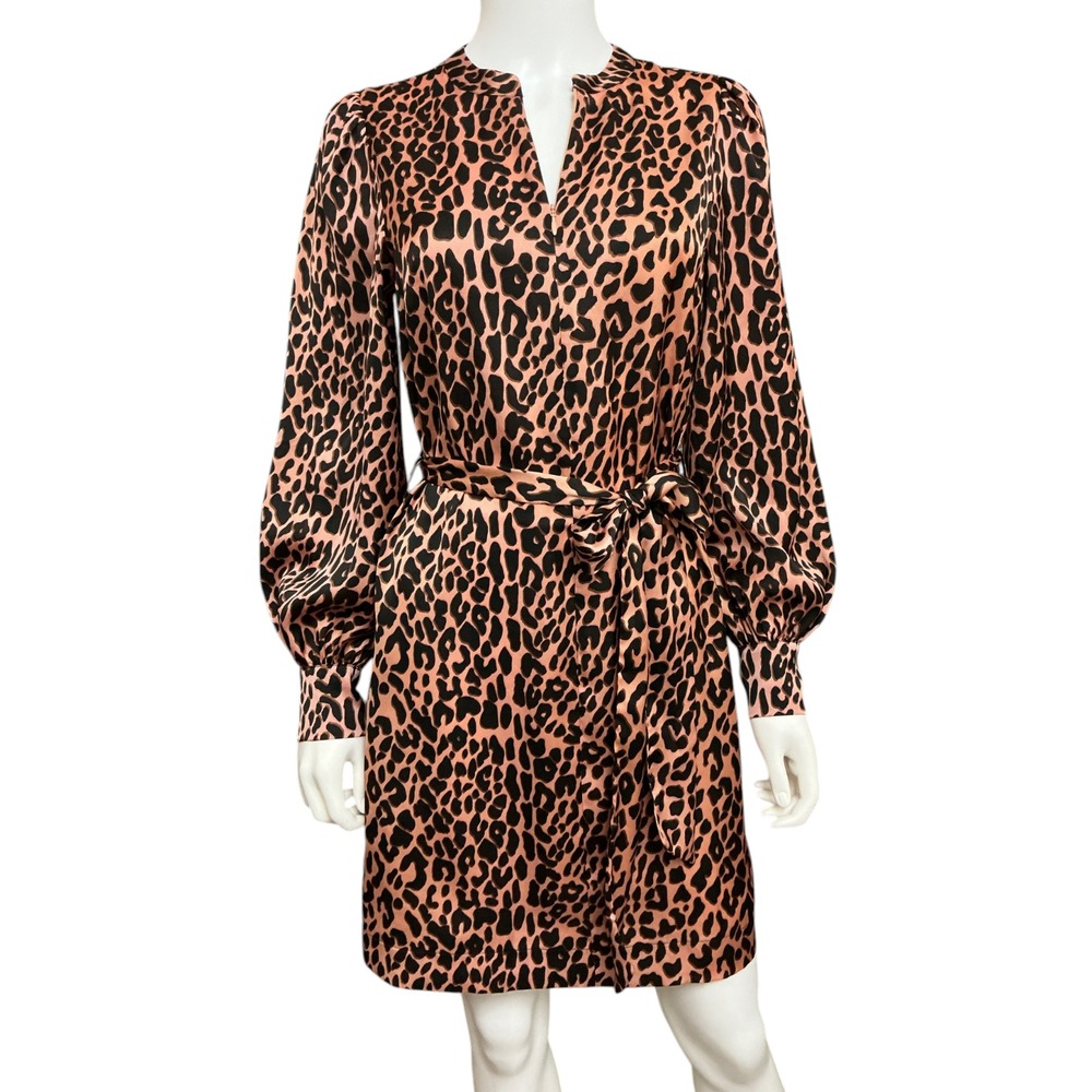 Scotch & Soda Leopard Print Satin Dress XS Bishop Sleeve Belted Edgy Mob Wife